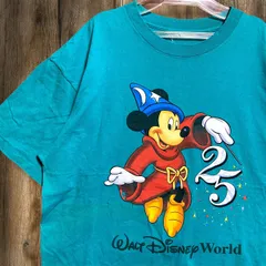 キャラクター Tシャツ ディズニー ワールド ミッキー 25周年 ソーサラー キャラクター グラフィック ターコイズ - 90s XL相当サイズ 古着 ビンテージ used vintage  p20/