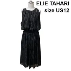 □ エリータハリ ELIE TAHARI ブラウジングワンピース ノースリーブ 膝丈 ラメ ビーズ チェーン 黒 US12 XL 13号 レディース Z6C413のサムネイル