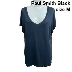 □ ポールスミスブラック Paul Smith Black Tシャツ 深Vネック 半袖 異素材 プルオーバー トップス プリント 黒地 M 9号 レディース Z6D257のサムネイル