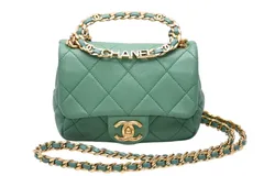 極美品 CHANEL シャネル ミニマトラッセ オーバル ロゴ チェイン ハンドルフラップバッグ ランダム番台 ラムスキン グリーン ゴールド金具 中古 4b011819のサムネイル