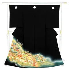 ※記念感謝祭【仕立無料】最高級巨匠松井青々作本加工手描き、手刺繍、特撰黒留袖落款入☆王朝四季花熨斗大扇面図(10012819)のサムネイル