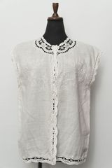 極美品 麻100% シルク刺繍 スワトウ風 カットワーク レース ブラウス M 