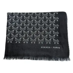 未使用品▼HERMES エルメス カシミヤ シルク MARINE/BLEU ホースデザイン 総柄 フリンジ付き マフラー ストール 英国製 メンズ 箱付きのサムネイル