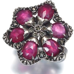 Rokuzan Ro Kuzan Ring with ruby ​​and marcasite, flower design, size 15, sterling silver 925, #197810