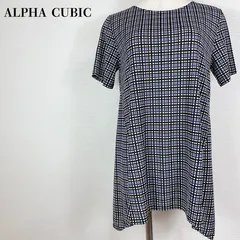 【美品】アルファキュービック チェック柄 チュニック M ネイビー ブラック ホワイト 総柄 半袖 Tシャツ A/C DESIGN BY ALPHA CUBIC トップス ロング丈【000108】のサムネイル
