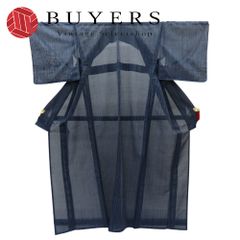 中古】 男着物 単衣 正絹 着丈約134.5cm 裄丈約67cm ネイビー 塩沢紬