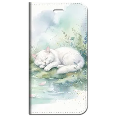 iPhone対応 スマホ 手帳型ケース 夏 猫 ねこ 睡蓮 スイレン 水彩 くすみカラー 大人可愛い 癒やし ニュアンスアニマル 淡色 上品 スマホケース スタンド 【iPhone17 / iPhone16 他 iPhone各機種対応】 |ianuan11のサムネイル