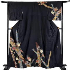 訪問着 身丈162cm 裄丈64.5cm M 袷 松井青々 落款 菊唐草 松梅 金彩 黒 正絹 名品 【中古】のサムネイル