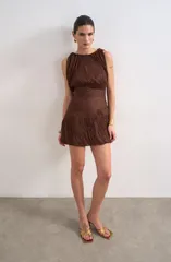 トップショップ レディース トップス ワンピース ドレープリーツ ミニ Topshop Drape Shoulders Pleated Minidress Brown ブラウンのサムネイル