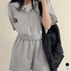 スウェットセットアップレディース半袖夏服 ジップアップパーカー クロップド丈トップス夏 ハイウエストショートパンツ 上下セット ウエストゴム美脚ショーパン 韓国風 フード付きトップス 着やせ楽ちんパンツ スポーティーセットのサムネイル