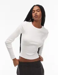 エイソス レディース トップス Tシャツ クルーネック リブ ASOS DESIGN ribbed crew neck long sleeve top in cream クリームのサムネイル
