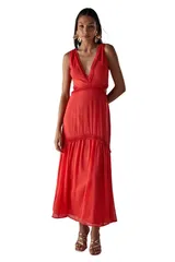 ウエアハウス レディース トップス ワンピース シフォン カットアウト マキシ フリンジ Warehouse Chiffon Fringe Trim Cut Out Maxi Dress Red レッのサムネイル