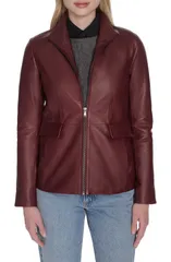 コールハーン レディース アウター ジャケット・ブルゾン レザー Cole Haan Wing Collar Leather Jacket Burgundy バーガンディのサムネイル