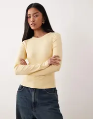 エイソス レディース トップス Tシャツ クルーネック リブ ASOS DESIGN ribbed crew neck long sleeve top in buttermilkのサムネイル