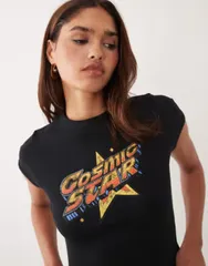 エイソス レディース トップス Tシャツ グラフィック ASOS DESIGN baby tshirt with cosmic star graphic Black ブラックのサムネイル