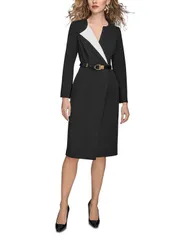 ダナキャラン レディース アウター ジャケット・ブルゾン ブレザー Donna Karan Belted Blazer Dress Black Cream クリームのサムネイル