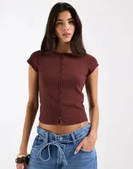 エイソス レディース アウター カーディガン ASOS DESIGN compact ributton through short sleeve cardigan in figのサムネイル
