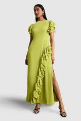 ウエアハウス レディース トップス ワンピース フリル マキシ Warehouse Side Split Ruffle Detail Maxi Dress Lime ライムのサムネイル