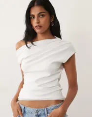 マンゴ レディース トップス Tシャツ アシンメトリー コットン Mango cotton mix asymmetric Tshirt WHITE ホワイトのサムネイル