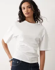 マンゴ レディース トップス Tシャツ ギャザー コットン Mango 100 cotton ruched side Tshirt WHITE ホワイトのサムネイル