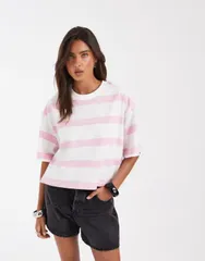 エイソス レディース トップス Tシャツ クロップド ASOS DESIGN boxy cropped Tshirt pink cream stripes Pink cream クリームのサムネイル