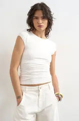 トップショップ レディース トップス シャツ コットン キャップ Topshop Strech Cotton Cap Sleeve TShirt White ホワイトのサムネイル