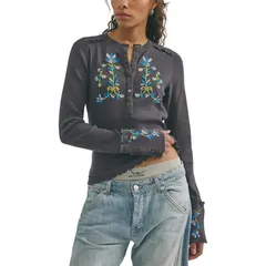 フリーピープル レディース トップス Tシャツ 刺繍 Free People Fleur Embroide red Cuff Shirt Womens Graphite Combo グラファイトのサムネイル