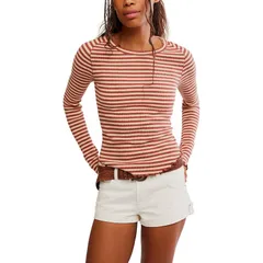 フリーピープル レディース トップス Tシャツ 長袖 Free Peopleasy Does It Striped LongSleeve TShirt Womens Brown Combo ブラウンのサムネイル
