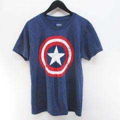 마블 MARVEL 캡틴 아메리카 반소매 T셔츠 컷소우 SM 청계 블루 실드 로고 프린트 빈티지조