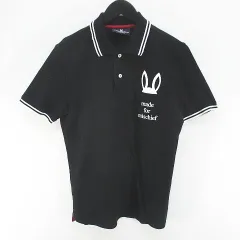 サイコバニー Psycho Bunny ゴルフウェア 半袖 ポロシャツ カットソー S 黒系 ブラック 日本製 ロゴ プリント ライン 胸ポケット リブのサムネイル
