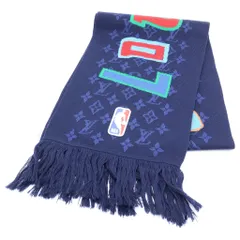 LOUIS VUITTON (ルイヴィトン) 21AW ×NBA エシャルプ モノグラム ロゴ レザーパッチ ウール フリンジマフラー ネイビー MP3033のサムネイル