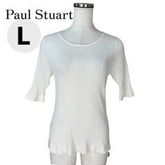 Paul Stuart　ポールスチュアート　ラウンドネック幅広リブニットセーター　5分袖　サマーニット　ホワイト　白　9号　 値下げ不可のサムネイル