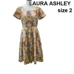 □ ローラアシュレイロンドン LAURA ASHLEY フレアワンピース 半袖 ウエスト切替 裾ティアード 花柄 ベージュ地 綿 2 M レディース Z6C428のサムネイル