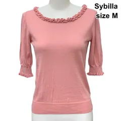 □ シビラ Sybilla サマーニット カットソー 五分袖 ボートネック フリル トップス 袖口シャーリング ピンク 綿 M 38 レディース Z6D072のサムネイル