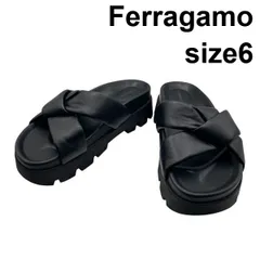 ● フェラガモ Ferragamo エアーラグ Air Lug サンダル スライドサンダル 厚底 クロスストラップ 黒 レザー 6 約23.5cm レディース 6D401のサムネイル