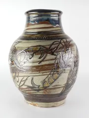 人間国宝 金城次郎「魚文 壷」共箱 保証品 約30.5cm 壺屋焼 /R(R-4)のサムネイル