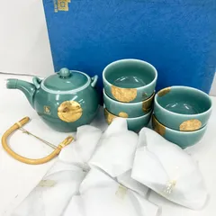 白山陶器 土瓶茶器揃 5客セット 92-182-12 急須 湯呑み カップ 青磁 ブルー系 ゴールド 陶器 箱付き インテリア キッチンのサムネイル