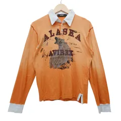 AVIREX VARSITY アヴィレックス 長袖 ポロシャツ M オレンジ プリント ロゴ アラスカ ベア 熊 コットン100％ メンズ ミリタリー アメカジ カジュアル 長袖シャツ ロンT 襟付き 人気 春 秋 冬 古着 トップス ブランド デザインのサムネイル
