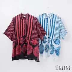 KILKI キルキー 綿100 ブラウス レディース 襟付き おしゃれ 半袖 夏 ドロップフラワー 体型カバー 綿 コットン 100% 通気性 花柄 ストライプ 柄物 イラスト シック レトロ かわいい レッド ブルー 6S-B31 Kl034のサムネイル