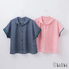 KILKI キルキー 綿100 ブラウス レディース 襟付き おしゃれ 半袖 夏 ソーダ 体型カバー 綿 コットン 100% 通気性 coco made クリームソーダ 柄物 イラスト レトロ かわいい ネイビー ホワイト 6S-B34 Kl037のサムネイル