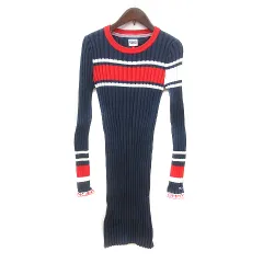 トミー TOMMY JEANS ワンピース ニット ひざ丈 ライン 長袖 リブ S 紺 ネイビー /MNのサムネイル