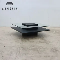 展示美品 ARMONIA アルモニア Corte ガラス センターテーブル/リビングテーブル/コーヒーテーブル ブラック 正方形 オープン収納付 6万のサムネイル