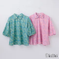 KILKI キルキー 綿100 ブラウス レディース 襟付き 丸襟 おしゃれ 半袖 夏 シューズ 体型カバー 綿 コットン 100% 通気性 カラフル 花柄 手描き レトロ かわいい ギフト プレゼント ブルー ピンク 6M-B31 Kl046のサムネイル