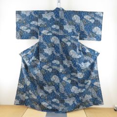 三花】本麻 洗える長襦袢 デニムブルー ムラ染め タイダイ リサイクル