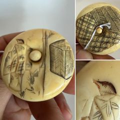 骨董】時代提げ物 江戸期 “饅頭根付・大型緒締玉・鹿革巾着小物入