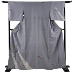 【美品】 付下げ 身丈166cm 裄丈66.5cm M 袷 松井青々 落款 幾何学 金彩 灰色 正絹 逸品 【中古】のサムネイル