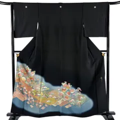 黒留袖 身丈159cm 裄丈64cm M 袷 松井青々 落款 菊 枝梅 金糸 刺繍 黒 正絹 名品 【中古】のサムネイル