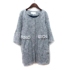 ジルスチュアート JILL STUART ノーカラーコート ツイード 総裏地 総柄 麻混 リネン混 S 紺 ネイビー 白 ホワイト /YIのサムネイル