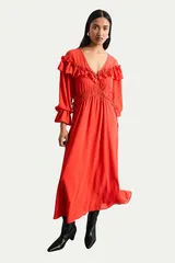 ウエアハウス レディース トップス ワンピース フリル マキシ Warehouse Ruffle Shoulder Detail Boho Maxi Dress Red レッドのサムネイル