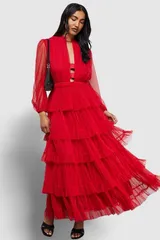 ウエアハウス レディース トップス ワンピース チュール フリル マキシ Warehouse Ruffle Neck Tulle Maxi Dress Red レッドのサムネイル